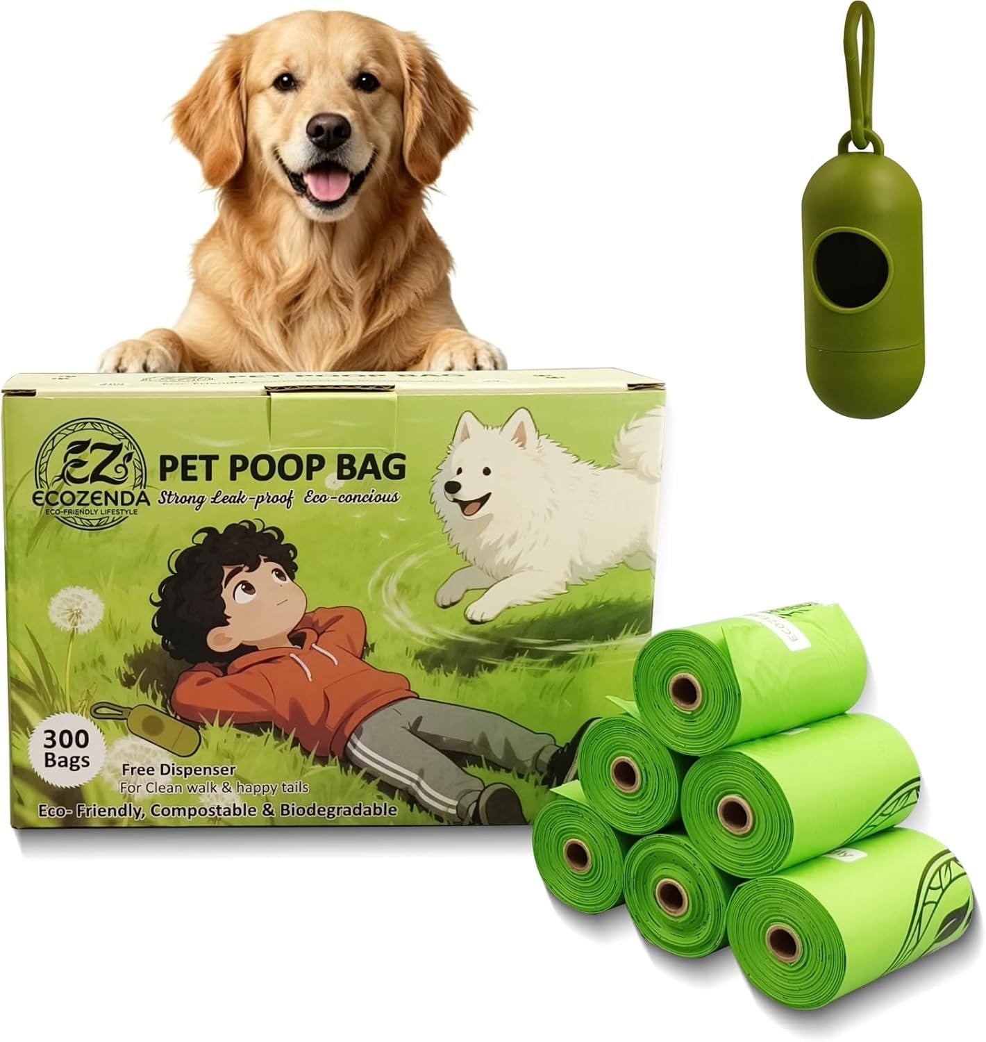 Ecozenda compostable dog poop bags — 300 bags in 20 rolls with dispenser