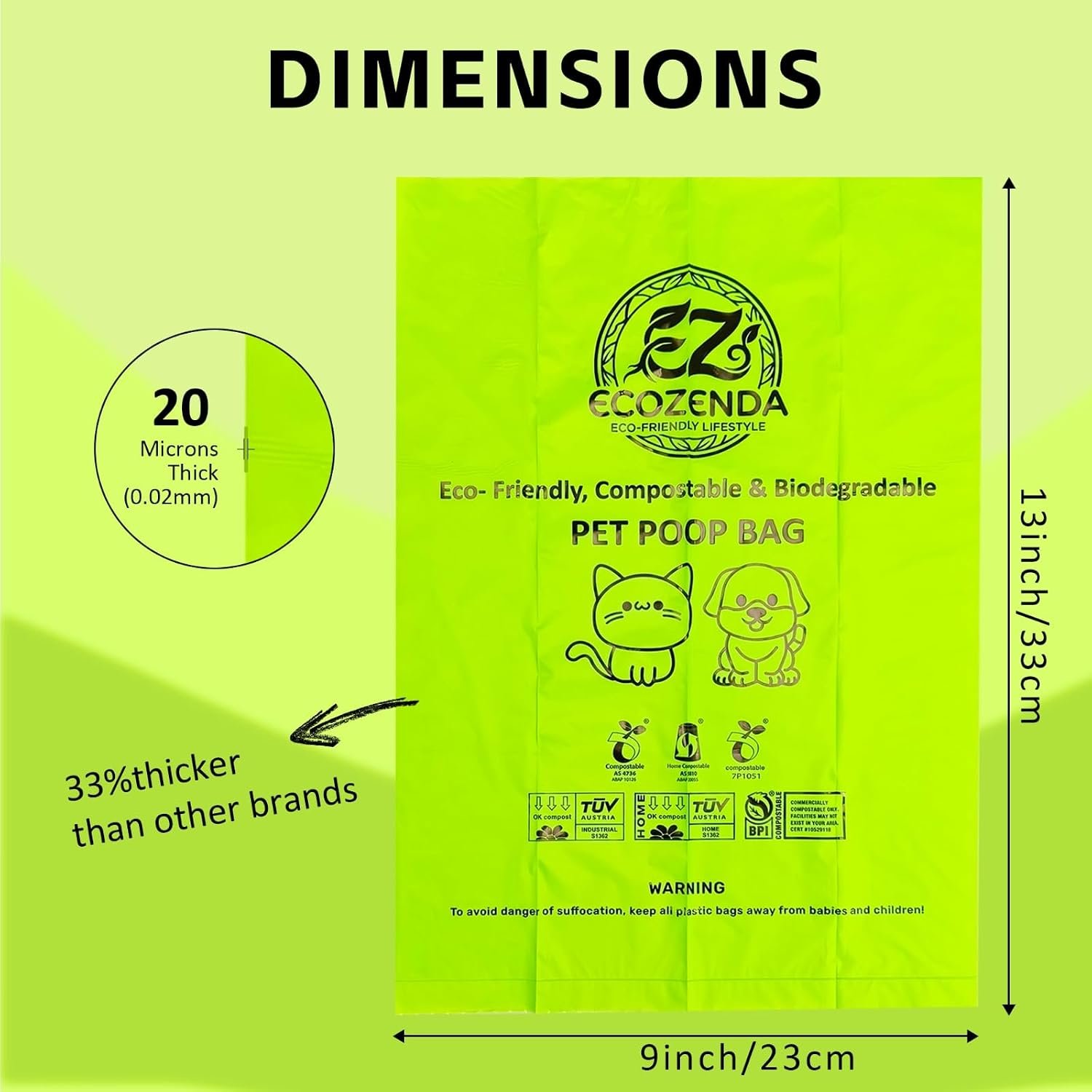 Bag dimensions: 9 by 13 inches, 20 microns thick, 33 percent thicker than other brands
