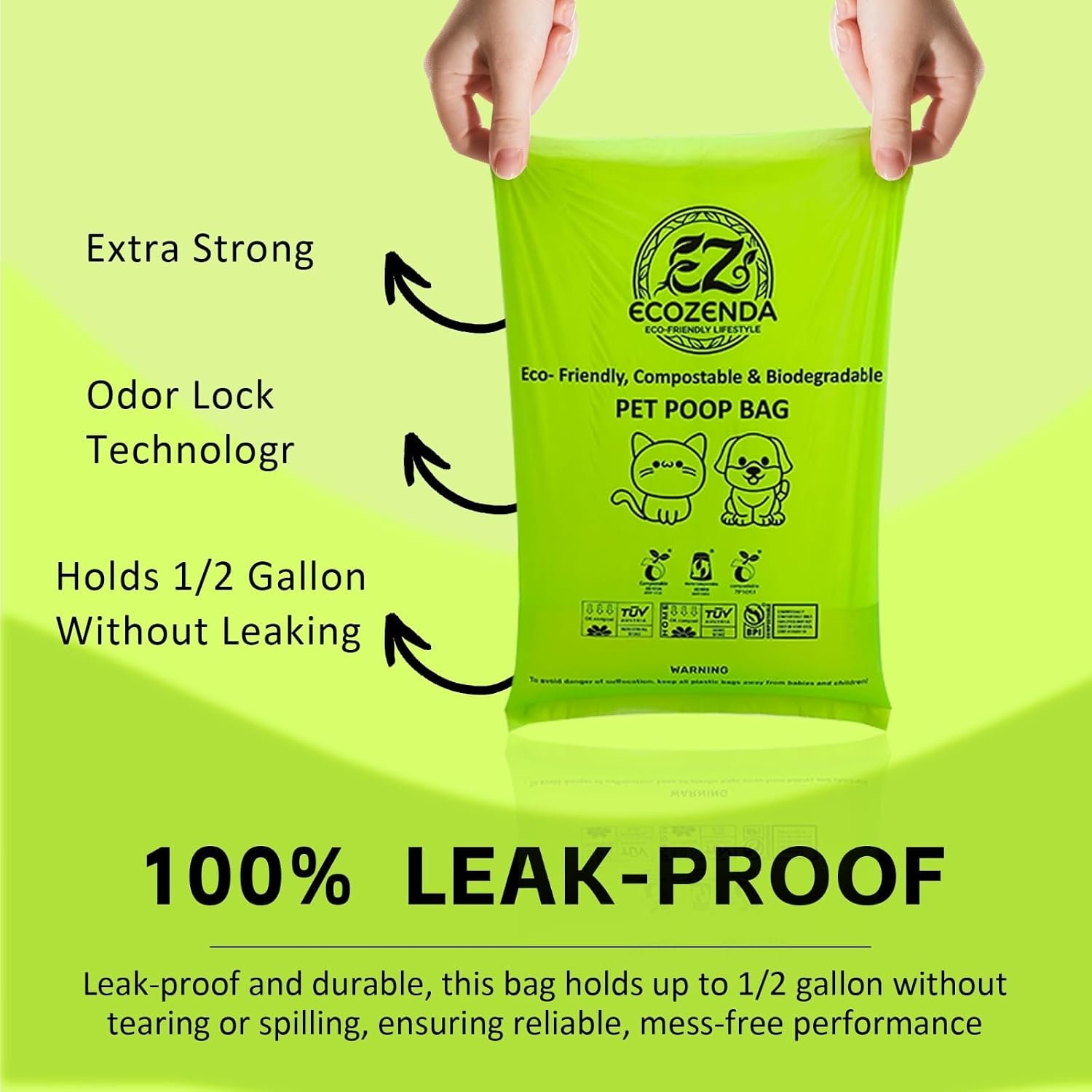 100 percent leak-proof: extra strong, odour-lock technology, holds half a gallon without leaking