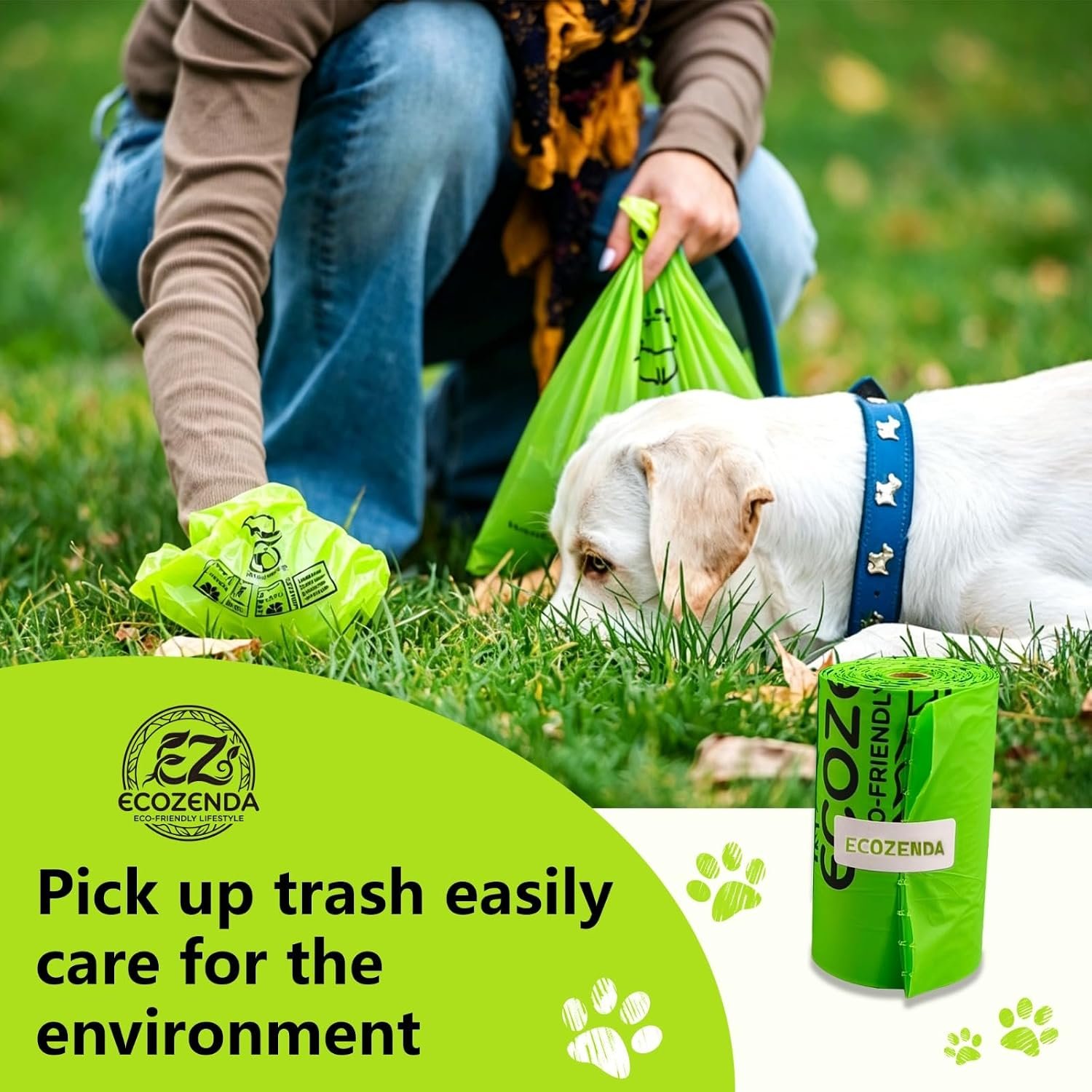 Picking up after a dog on a walk using an Ecozenda bag and dispenser