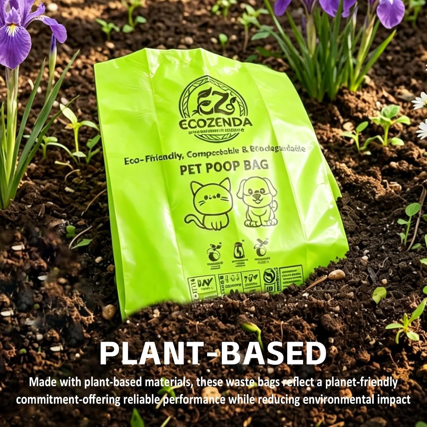 Plant-based Ecozenda bag resting on soil among plants