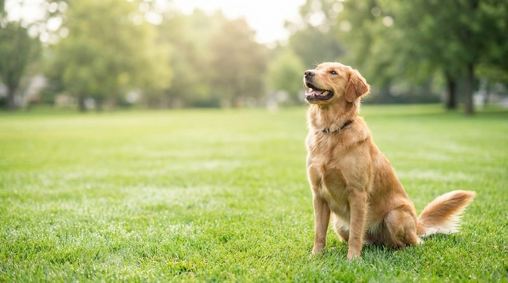Golden retriever sitting on fresh park grass in morning light