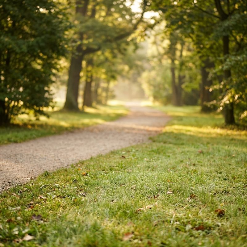 Sunlit gravel path through a green park