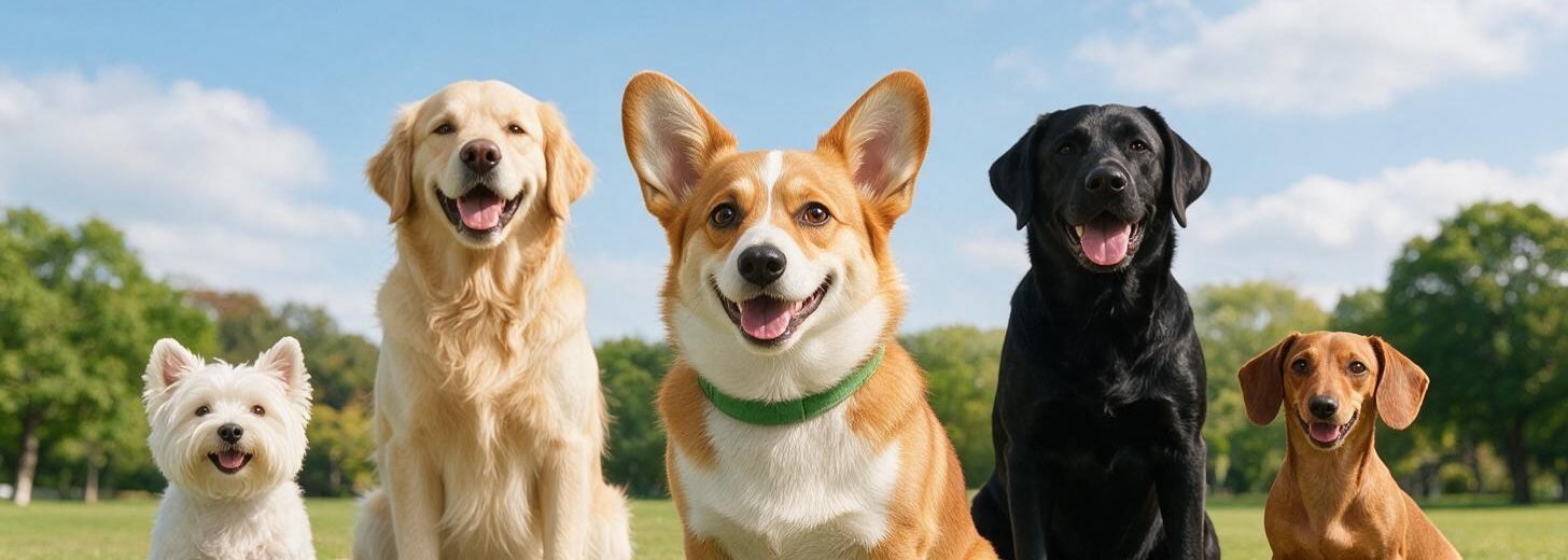 Five happy dogs of all sizes — including Zenda the corgi — sitting together in a park