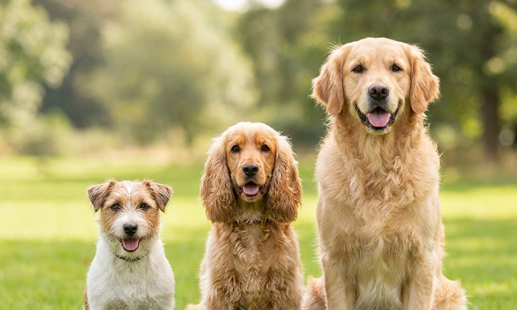 Small, medium and large dogs sitting together in a park