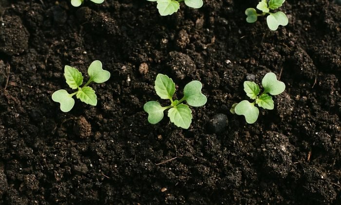 Seedlings sprouting from rich compost soil