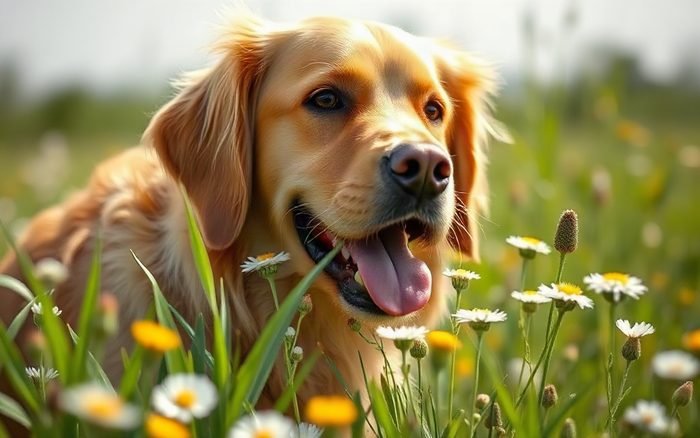 Golden retriever sniffing wildflowers in a sunny meadow
